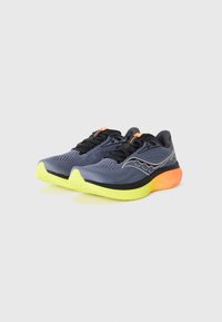 Running shoes with a breathable navy upper, black laces, neon yellow sole, and orange accents. Textured design with supportive structure.