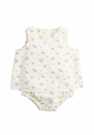Ärmelloses Baby-Kleid in Creme und passende Bloomers mit kleinem blauem Blumenmuster und elastischen Beinöffnungen.