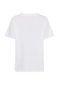 Hvid bomulds t-shirt, korte ærmer, rund hals, enkelt design, glat tekstur, uden mønstre eller accenter, set fra bagsiden.