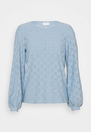 Light blue long-sleeve blouse with eyelet lace pattern, round neckline, and gathered cuffs.