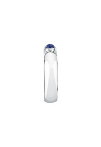 Bottiglia cilindrica argento con finitura lucida, dotata di un tappo blu a forma di cupola con macchie, probabilmente realizzato in vetro o pietra.