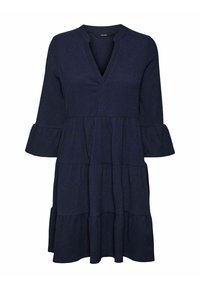 Marineblaues, gestuftes Kleid aus strukturiertem Stoff. Verfügt über einen V-Ausschnitt und dreiviertellange, ausgestellte Ärmel.