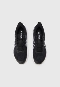 Black athletic sneakers with a textured upper, white accents, and black laces. Features a rounded toe and cushioned sole for comfort.