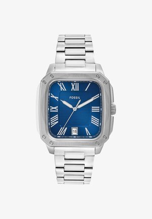 Montre-bracelet carrée en métal argenté Fossil avec cadran bleu, chiffres romains blancs, trois aiguilles et guichet date affichant le 18.
