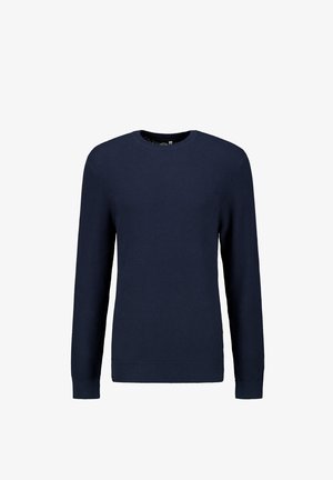 Marineblauwe gebreide trui met een ronde hals, lange mouwen en een gemêleerde stof met een subtiel patroon. Glad afgewerkte manchetten en zoom.
