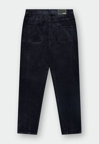 Zwarte corduroy broek met een rechte pasvorm, voorzien van een zachte textuur, twee achterzakken en een merklabel op de tailleband.