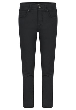 Pantalones de denim negro con un ajuste slim, diseño clásico de cinco bolsillos y costuras sutiles. Cierre de botón metálico y cremallera.