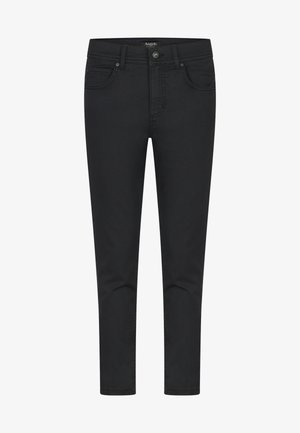 Melnas denima bikses ar liegu piegriezumu, klasisku piecu kabatu dizainu un smalku dūrienu. Metāla poga un rāvējslēdzēja aizdare.