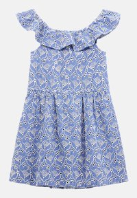 Modré šaty s bílou květinovou výšivkou, volánkovým výstřihem a nabíranou sukňou. Vyrobené z lehkého materiálu, s jemnými vzory.