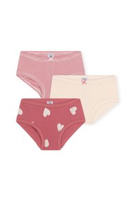 Três pares de roupa interior infantil: um riscado em vermelho, um sólido em rosa com corações brancos, e um creme com um detalhe em laço rosa. Tecido de algodão macio.