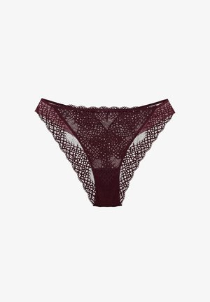 Burgundy lace thong with a floral pattern, featuring scalloped edges and a V-shaped front. Semi-transparent fabric with a stretch finish.
