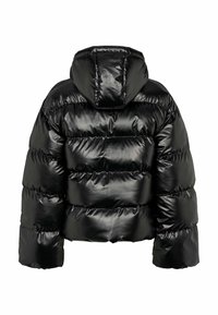 Veste matelassée noire brillante à manches longues avec capuche attachée, vue de dos sur fond blanc.