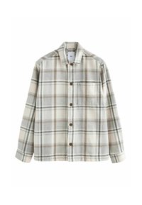 Chemise à manches longues boutonnée avec un motif à carreaux beige, gris et marron, poche poitrine et col pointu sur fond blanc.