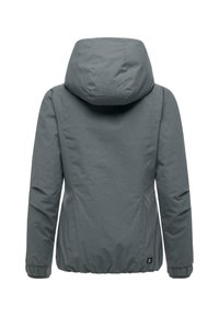 Mørkegrå hettejakke med lange ermer, elastiske mansjetter og et lite svart merke nær kanten på baksiden.