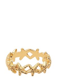 Bague dorée avec un design d'étoile de mer, comprenant des découpes et des accents texturés. Intérieur de bande lisse, ajustable et motif détaillé.