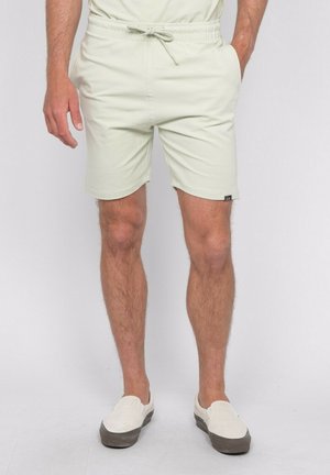 Homme portant un short beige clair à cordon, des chaussures slip-on assorties et un t-shirt, debout sur fond blanc uni.