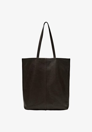 Czarna skórzana torba tote z dwoma długimi uchwytami, minimalistyczny design, gładka faktura i brak dekoracyjnych akcentów. Wymiary wynoszą około 15x14 cali.