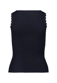 Top sans manches côtelé bleu marine avec un col festonné et un design ajusté, fabriqué à partir d'un matériau extensible avec des lignes verticales et une texture lisse.