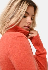 Pullover leggero in maglia corallo con colletto alto a coste e maniche lunghe. Presenta una texture morbida e un design senza cuciture.