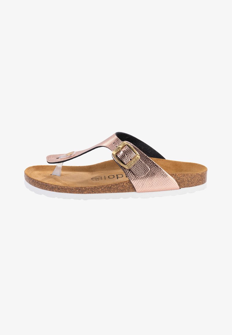 Brune kork sål sandal med en metalrose gold rem, der har en tekstureret overflade og sorte stofaccentuer. Inkluderer en guldbuckle.