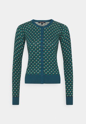 Gilet teal avec un motif comportant des accents verts et bleus. Il a un col rond, des manches longues et une fermeture à boutons.