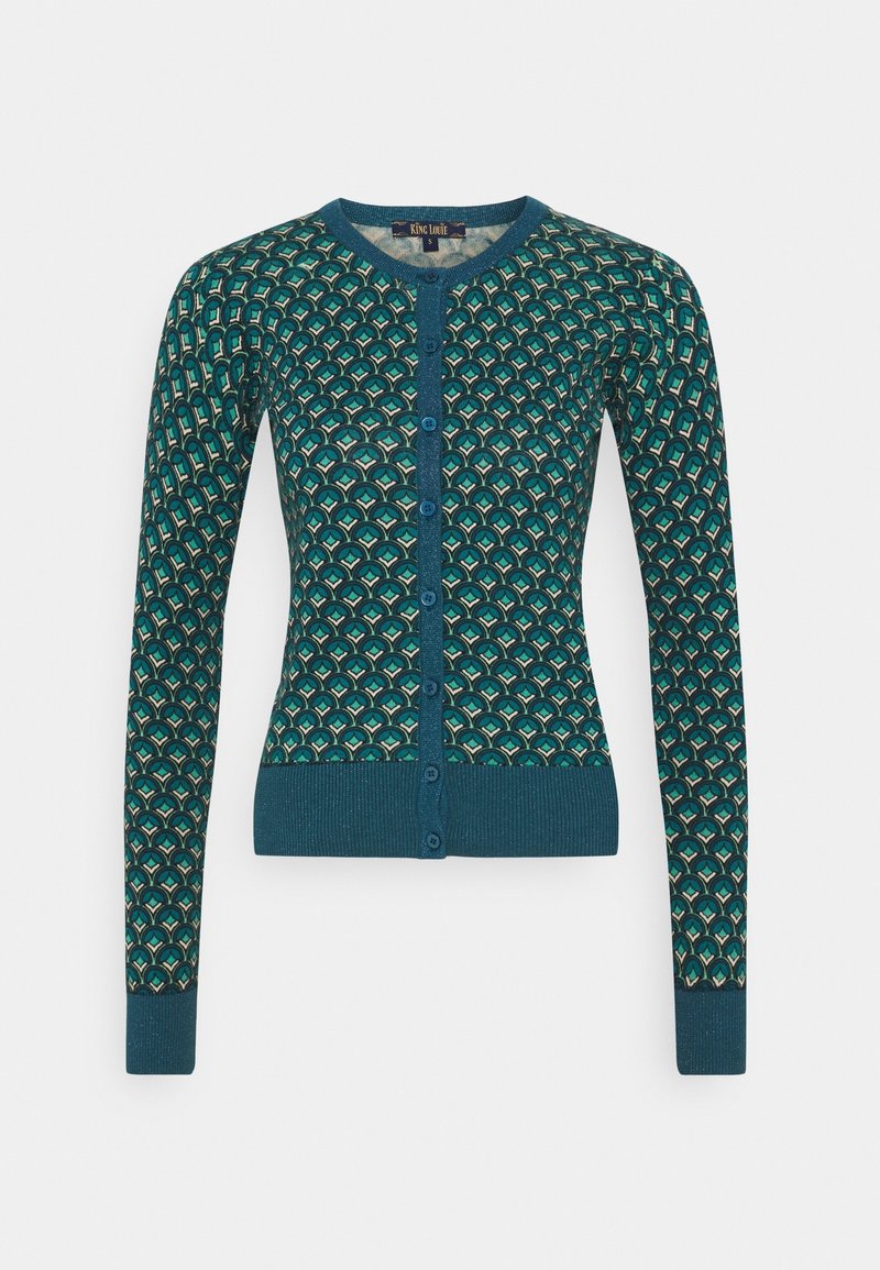 Vihreä-neilikka cardigan, jossa on kuvioitu muotoilu vihreillä ja sinisillä yksityiskohdilla. Siinä on pyöreä kaula-aukko, pitkät hihat ja nappisuljenta edessä.