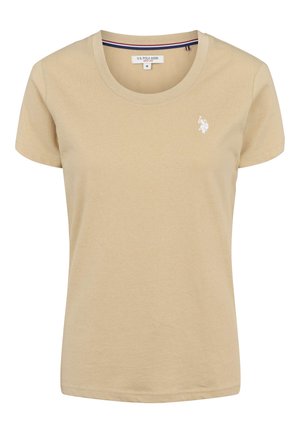 Béžové bavlněné tričko s kulatým výstřihem, krátkými rukávy a malým bílým vyšívaným logem na levé straně hrudníku. Hladká textura, volný střih.