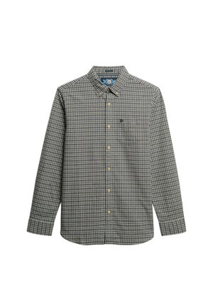 Langermige knoopshirt in donker groen en beige geruit patroon, met een button-down kraag en een klein logo op de borst.