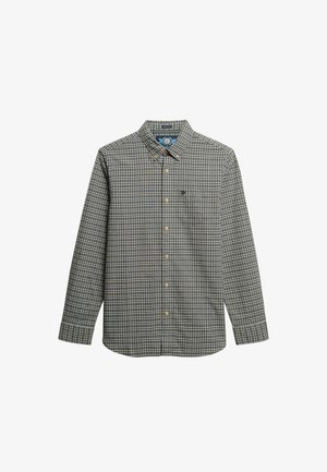 Camicia a maniche lunghe con bottoni in modello check verde scuro e beige, con colletto button-down e un piccolo logo sul petto.