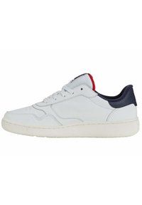 White leather sneaker with a textured rubber sole. Navy and red accents on the heel and collar. Features round laces and perforated detailing.