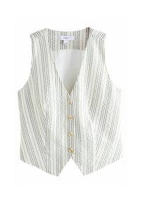 Wit en marineblauw gestreepte vest met een V-hals, mouwloze uitstraling, vijf knopen en een gemêleerde stofafwerking.