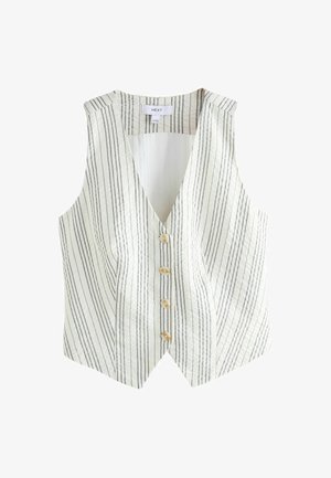 Biała i granatowa kamizelka w paski z dekoltem w serek, bez rękawów, z pięcioma guzikami oraz teksturowanym wykończeniem.