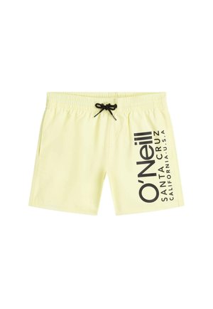 Rumeno plavalno spodnje perilo s črno zaveznico in velikim črnim napisom O’Neill Santa Cruz California na desni nogi.