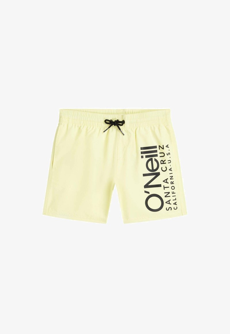 Shorts de bain jaunes avec cordon de serrage noir et grand texte noir O’Neill Santa Cruz California sur la jambe droite.