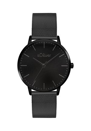Zwarte s.Oliver-horloge met een ronde wijzerplaat, minimalistisch ontwerp, metalen mesh-band en zilveren uurmarkeringen op een matzwarte wijzerplaat.