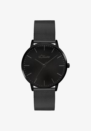 Montre noire s.Oliver avec un cadran rond, un design minimaliste, un bracelet en maille métallique et des index argentés sur un cadran noir mat.