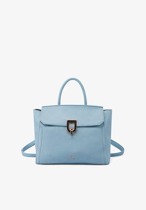 Borsa a mano in pelle blu chiaro con forma strutturata, manico superiore, tracolla regolabile e chiusura a pattina frontale con hardware metallico.