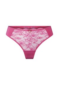 Roze kantjes string met bloemenpatroon, voorzien van een gladde satijnen tailleband en een kleine metalen accent aan de voorkant.