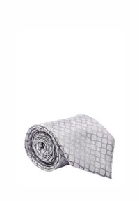 Cravatta grigia arrotolata con un motivo geometrico e accenti rosa, realizzata in tessuto morbido, presenta una punta appuntita e una leggera lucentezza.