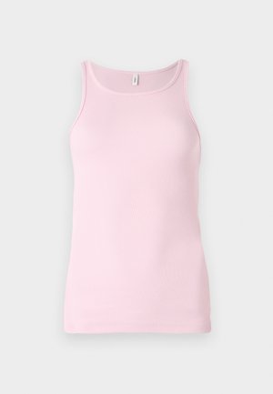 Rózsaszín bordázott ujjatlan top, kerek nyakkivágással. Az anyag sima és testhezálló, tiszta szegéllyel.