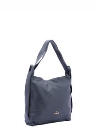 Borsa a tracolla in pelle blu navy con una texture morbida, cinturino singolo e logo dorato. Presenta un design morbido e un ampio interno.