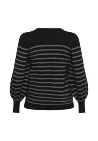 Suéter negro con rayas de glitter gris horizontal, mangas largas abullonadas y puños ajustados, visto desde la parte de atrás sobre un fondo blanco.