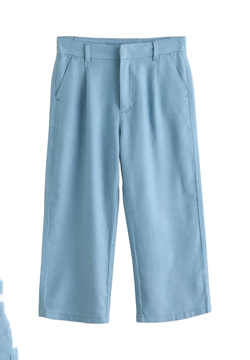 Pantalon bleu clair à jambes larges avec passants de ceinture, poches latérales et fermeture éclair devant, présenté à plat sur un fond blanc.