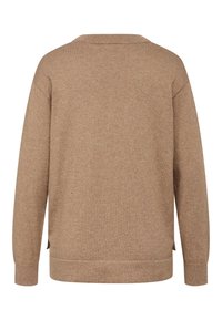 Brun tröja med avslappnad passform, ribbade muddar och fåll. Har en rund hals och sidslitsar för ökad rörelsefrihet. Mjuk, texturerad tyg.