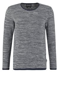 Šedý svetr s dlouhými rukávy, kulatým výstřihem, texturovanou látkou a kontrastní tmavě modrou lemovkou podél límce a lemu.
