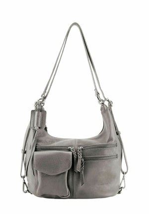 Gray leather shoulder bag with multiple front zippered pockets, a small flap pocket, and an adjustable strap with metal clasps.