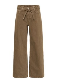 Pantalones de pierna ancha en una suave tela marrón. Presenta una cintura con cordón, bolsillos delanteros y detalles de costura sutiles.