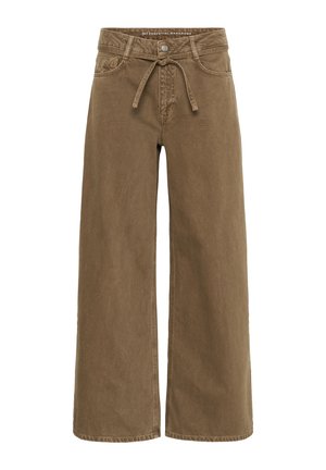 Weite Hosen aus einem weichen braunen Stoff. Sie verfügen über einen Kordelzug an der Taille, Fronttaschen und subtile Nahtdetails.