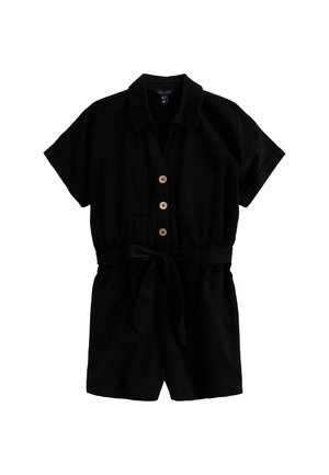 Zwarte jumpsuit met korte mouwen, knopen, strikceintuur en twee voorzakken. Gemaakt van een textuurstof, heeft een kraag en een comfortabele pasvorm.
