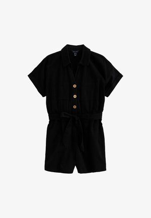 Zwarte jumpsuit met korte mouwen, knopen, strikceintuur en twee voorzakken. Gemaakt van een textuurstof, heeft een kraag en een comfortabele pasvorm.